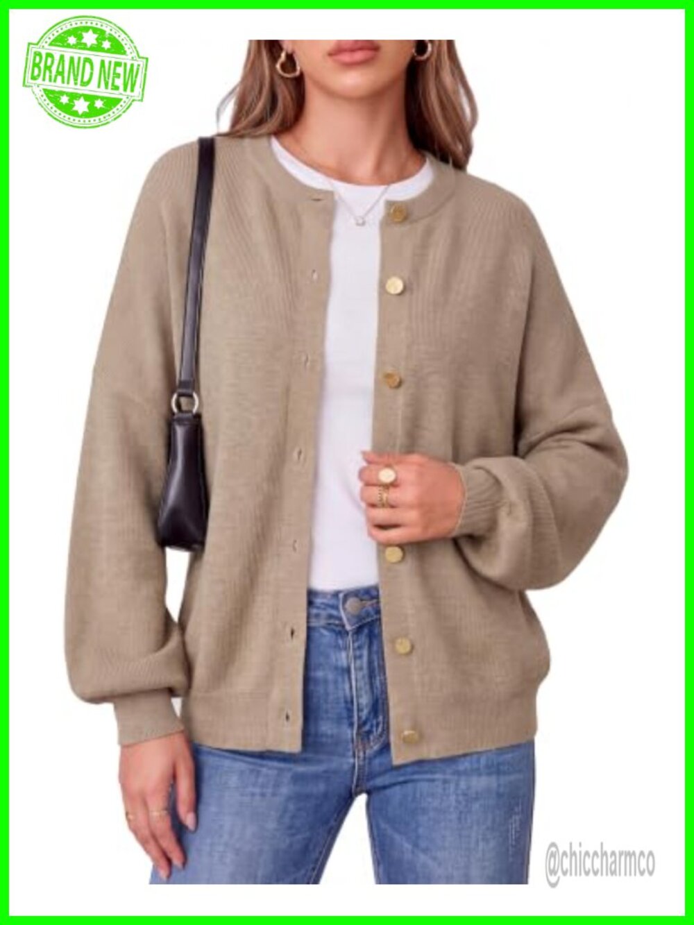 Wool Blend Gold Button Cardigan Ribbed Crewneck Oversized